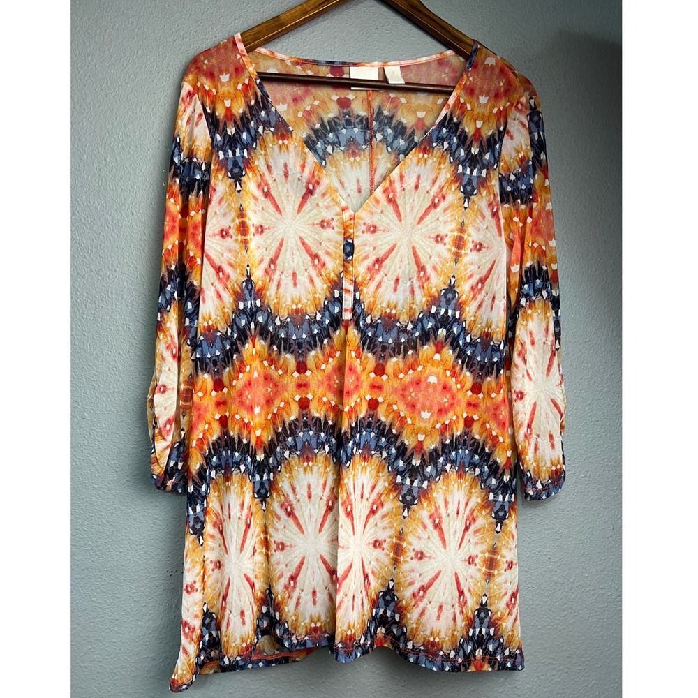 Chicos Kaleidoscope Artsy Mesh Tunic Top Orange Blue V-Neck 3/4 Sleeve Size 1 M